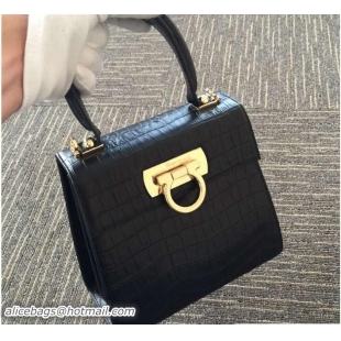 Grade Quality Ferragamo Crocodile Pattern Small Katia Satchel Top Handle Bag F75183 Black