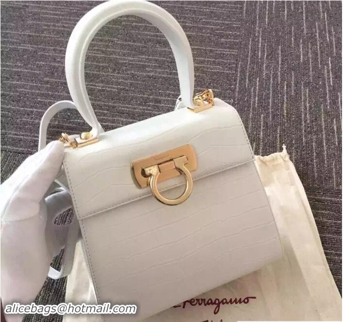 Unique Style Ferragamo Crocodile Pattern Small Katia Satchel Top Handle Bag F75183 White
