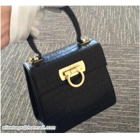 Grade Quality Ferragamo Crocodile Pattern Small Katia Satchel Top Handle Bag F75183 Black