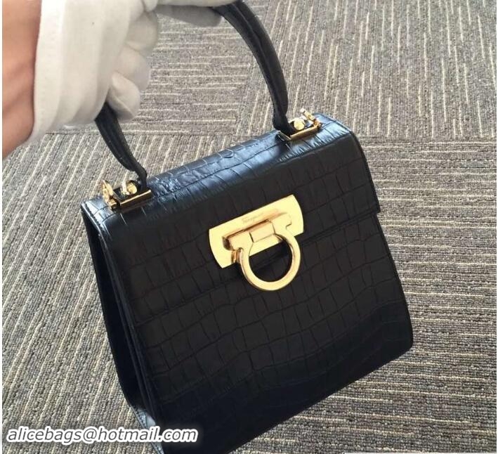 Grade Quality Ferragamo Crocodile Pattern Small Katia Satchel Top Handle Bag F75183 Black
