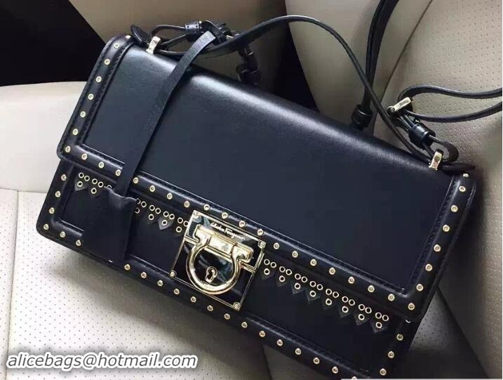 Best Grade Ferragamo Gancio Lock Shoulder Bag in Studs Calfskin F75185 Black