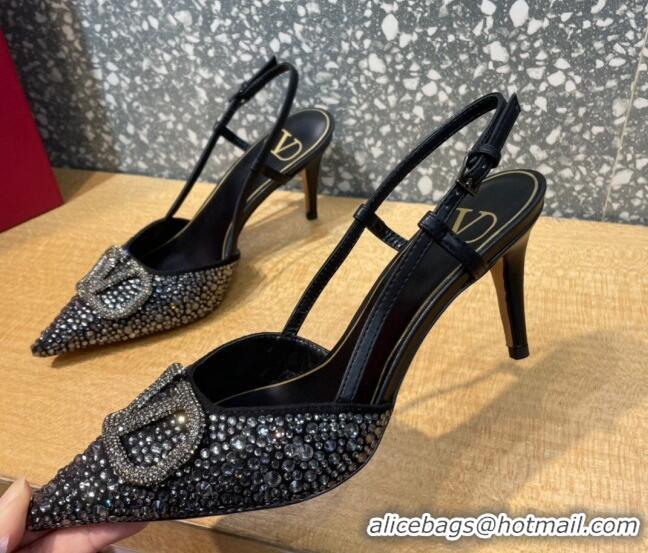 Low Price Valentino VLogo Signature Slingback Pump with Crystal 8cm Heel Black 0823019