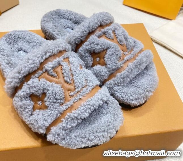Luxury Louis Vuitton Shearling Flat Slide Sandals Grey 110266