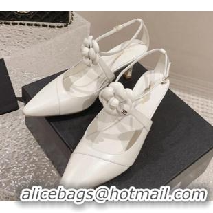 Charming Chanel Lambskin Pumps 7.5cm with Camellia Bloom White 091122