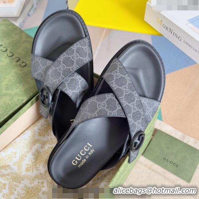 Top Grade Gucci Men's GG Canvas Flat Slide Sandals with Cross Strap 0427 Black 2024