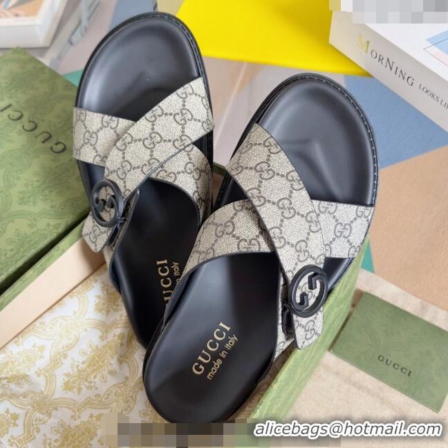 Top Quality Gucci Men's GG Canvas Flat Slide Sandals with Cross Strap 0427 Beige 2024