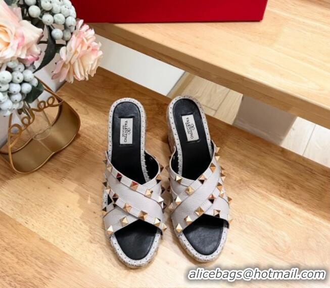 Grade Quality Valentino Rockstud Espadrille Wedge Slides Sandal in Grained Calfskin Grey 612096