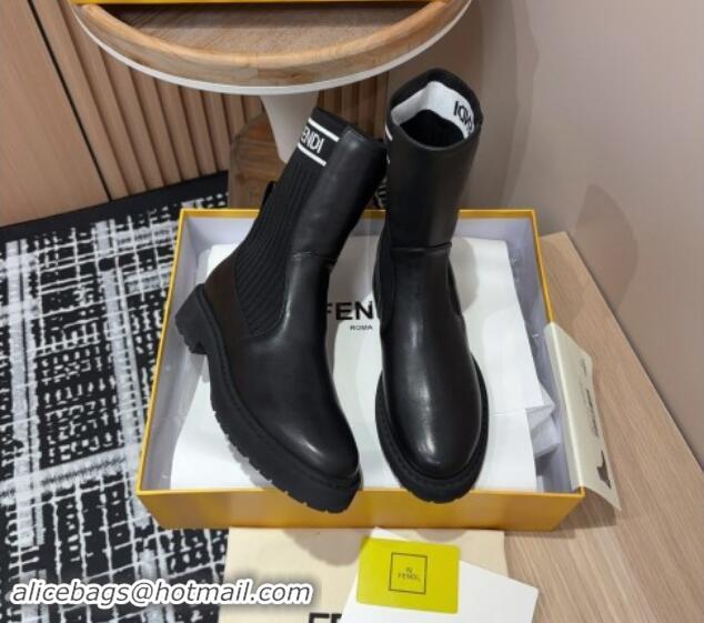 Feminine Fendi Rockoko Ankle Short Boots 3cm in Leather and Knit Black/White 930097