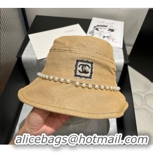 Buy Inexpensive Chanel Cotton Linen Bucket Hat with Pearls 7140 Brown 2025