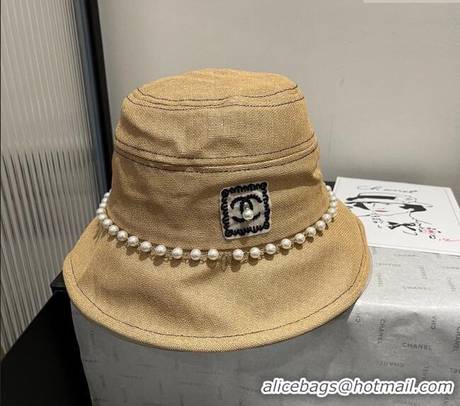 Buy Inexpensive Chanel Cotton Linen Bucket Hat with Pearls 7140 Brown 2025