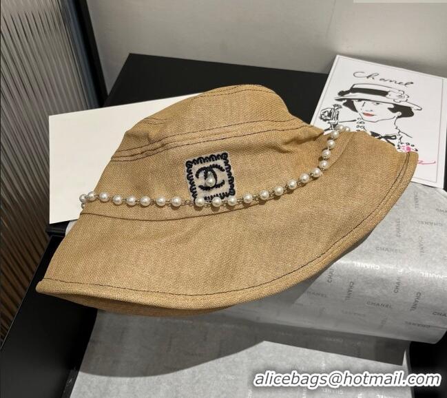 Buy Inexpensive Chanel Cotton Linen Bucket Hat with Pearls 7140 Brown 2025