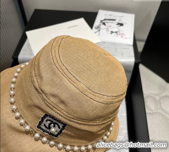 Buy Inexpensive Chanel Cotton Linen Bucket Hat with Pearls 7140 Brown 2025