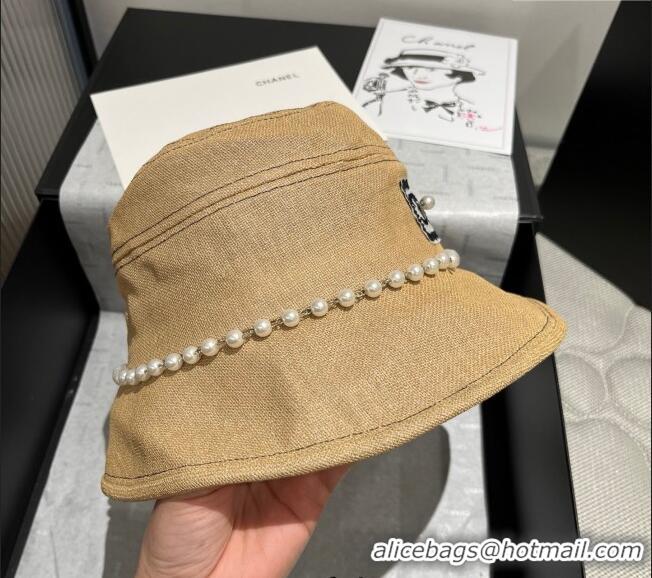 Buy Inexpensive Chanel Cotton Linen Bucket Hat with Pearls 7140 Brown 2025