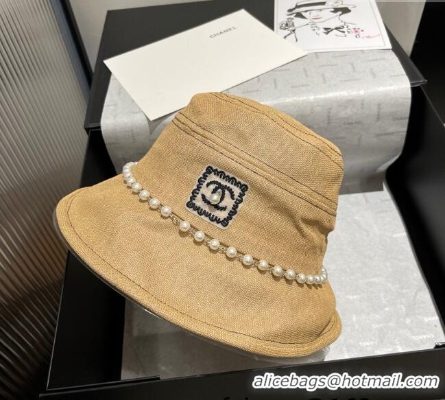 Buy Inexpensive Chanel Cotton Linen Bucket Hat with Pearls 7140 Brown 2025