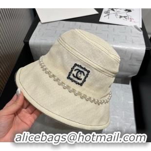 Good Product Chanel Cotton Linen Bucket Hat with Pearls 7140 Light Beige 2025