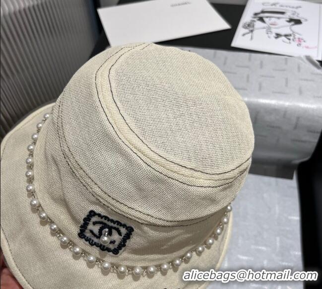 Good Product Chanel Cotton Linen Bucket Hat with Pearls 7140 Light Beige 2025