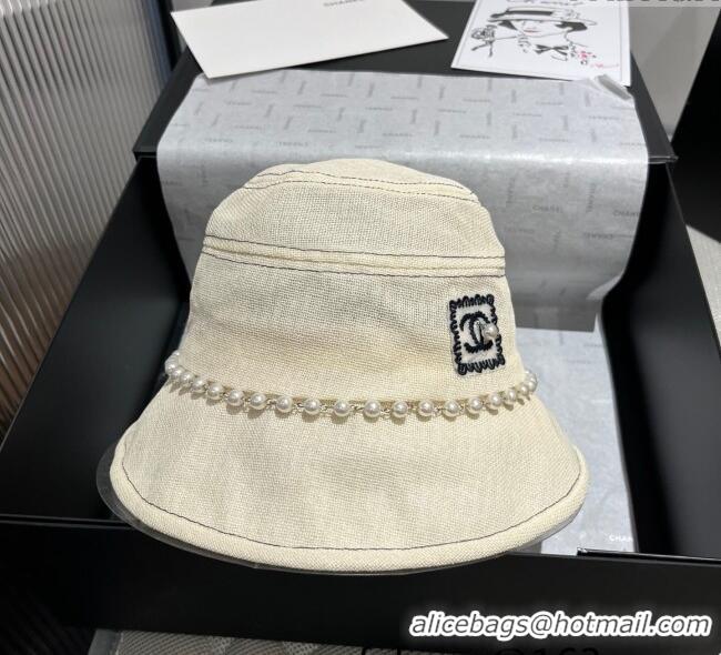 Good Product Chanel Cotton Linen Bucket Hat with Pearls 7140 Light Beige 2025