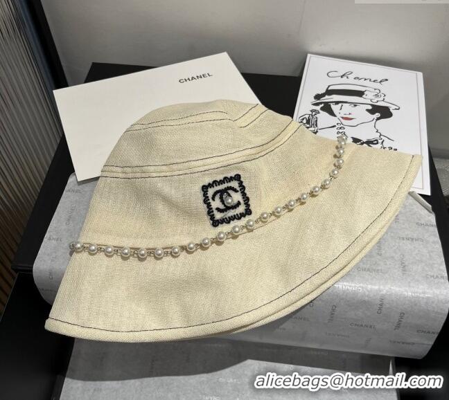 Good Product Chanel Cotton Linen Bucket Hat with Pearls 7140 Light Beige 2025