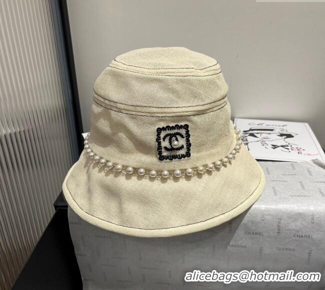 Good Product Chanel Cotton Linen Bucket Hat with Pearls 7140 Light Beige 2025