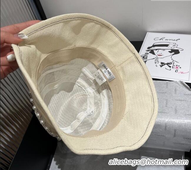 Good Product Chanel Cotton Linen Bucket Hat with Pearls 7140 Light Beige 2025
