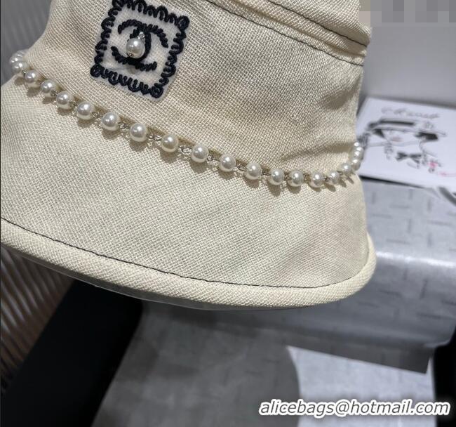 Good Product Chanel Cotton Linen Bucket Hat with Pearls 7140 Light Beige 2025