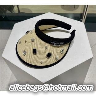 Luxury Classic Dior Straw Visor Hat with Stones 0810 Beige 2023