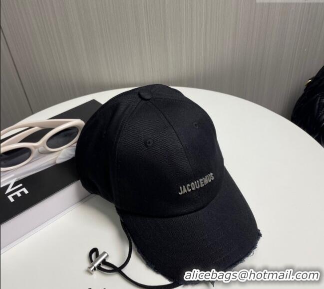 Shop Duplicate Jacquemus Canvas Baseball Hat with Fringe and Strap J3001 Black 2024
