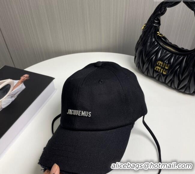 Shop Duplicate Jacquemus Canvas Baseball Hat with Fringe and Strap J3001 Black 2024