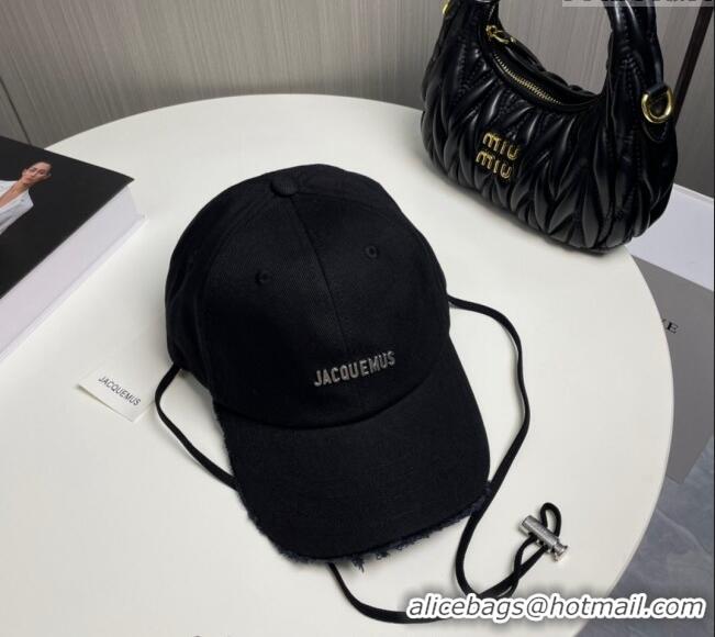 Shop Duplicate Jacquemus Canvas Baseball Hat with Fringe and Strap J3001 Black 2024
