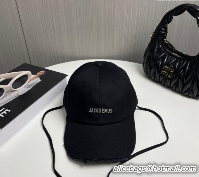 Shop Duplicate Jacquemus Canvas Baseball Hat with Fringe and Strap J3001 Black 2024