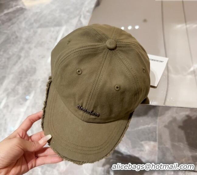 Super Quality Jacquemus Canvas Baseball Hat with Fringe and Strap J3001 Khaki Green 2024