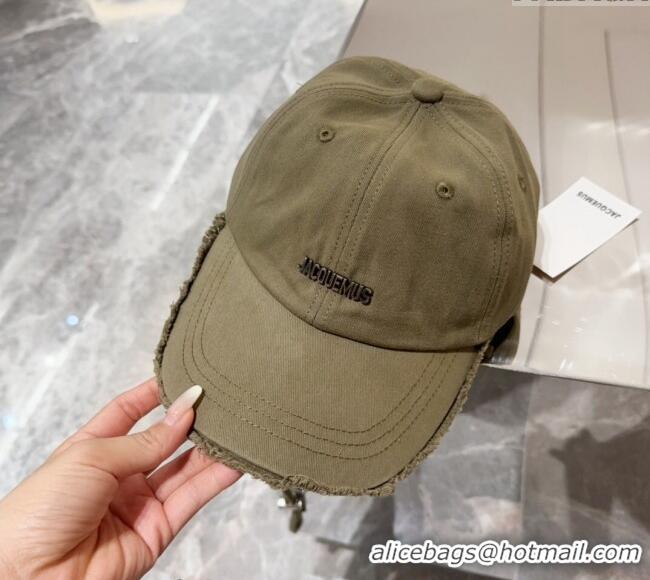 Super Quality Jacquemus Canvas Baseball Hat with Fringe and Strap J3001 Khaki Green 2024