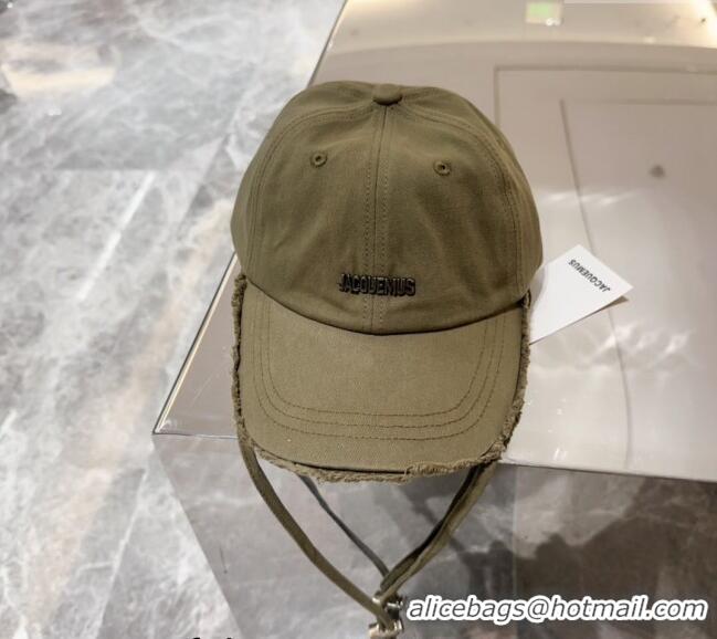 Super Quality Jacquemus Canvas Baseball Hat with Fringe and Strap J3001 Khaki Green 2024