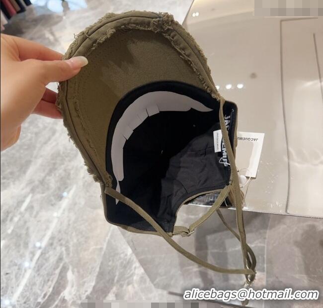 Super Quality Jacquemus Canvas Baseball Hat with Fringe and Strap J3001 Khaki Green 2024