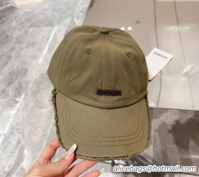 Super Quality Jacquemus Canvas Baseball Hat with Fringe and Strap J3001 Khaki Green 2024