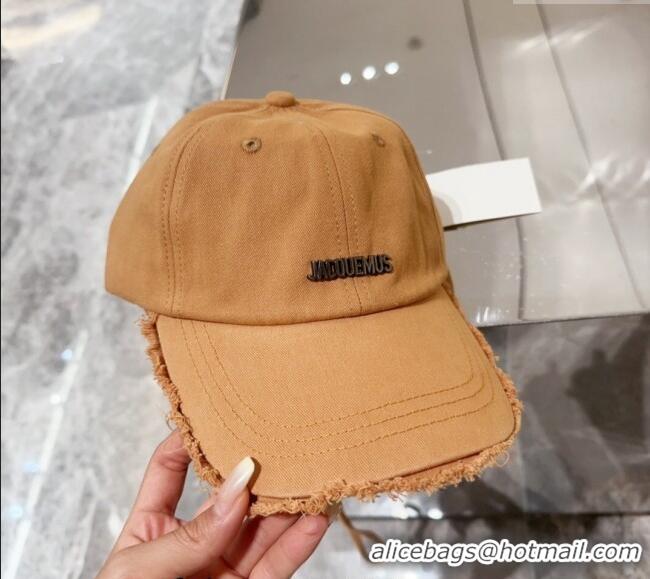 Buy Fashionable Jacquemus Canvas Baseball Hat with Fringe and Strap J3001 Light Brown 2024