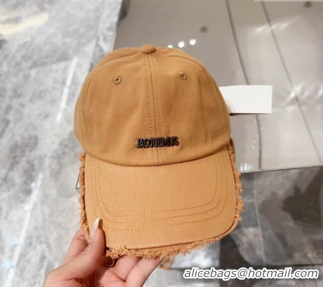 Buy Fashionable Jacquemus Canvas Baseball Hat with Fringe and Strap J3001 Light Brown 2024