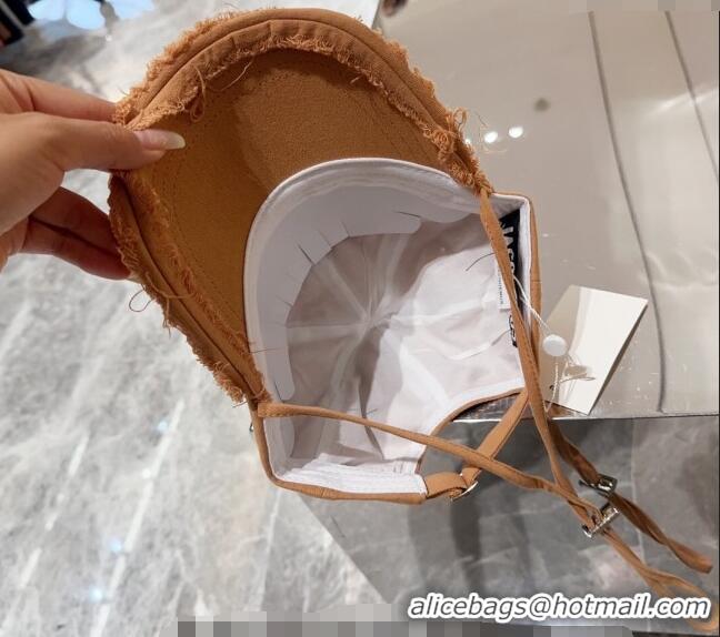 Buy Fashionable Jacquemus Canvas Baseball Hat with Fringe and Strap J3001 Light Brown 2024
