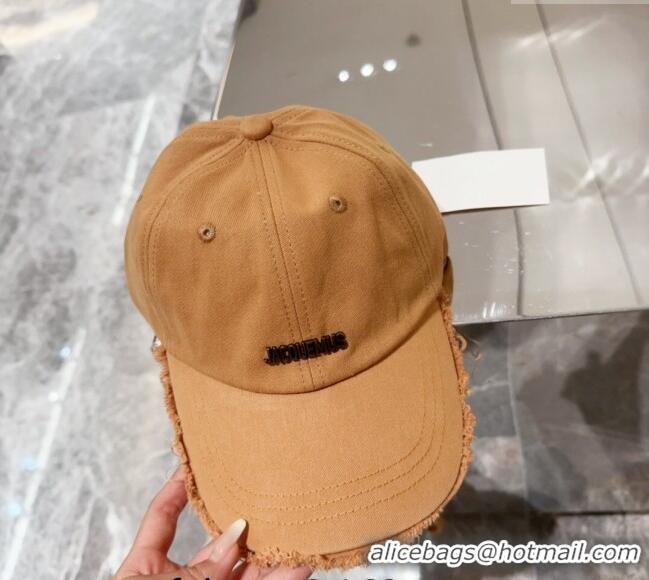Buy Fashionable Jacquemus Canvas Baseball Hat with Fringe and Strap J3001 Light Brown 2024