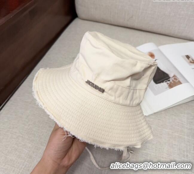 Top Design Jacquemus Canvas Bucket Hat with Fringe and Strap J3002 Ivory White 2025