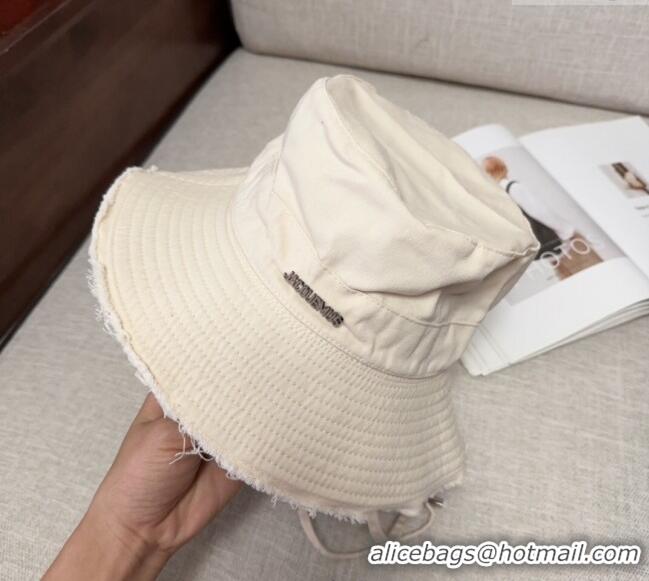 Top Design Jacquemus Canvas Bucket Hat with Fringe and Strap J3002 Ivory White 2025