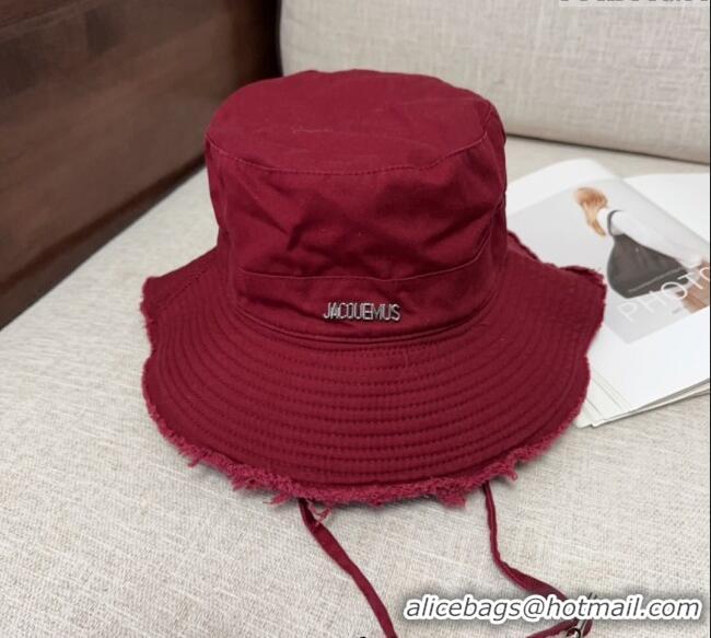 Low Price Jacquemus Canvas Bucket Hat with Fringe and Strap J3002 Dark Red 2025