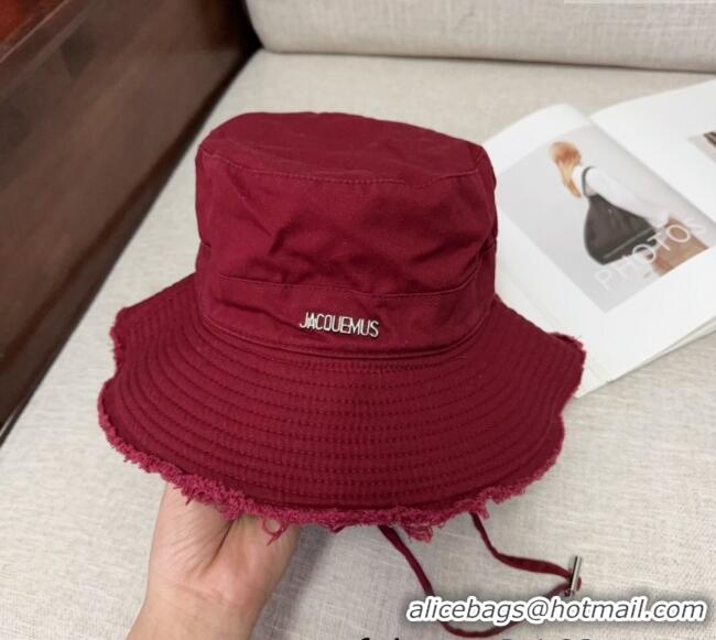 Low Price Jacquemus Canvas Bucket Hat with Fringe and Strap J3002 Dark Red 2025