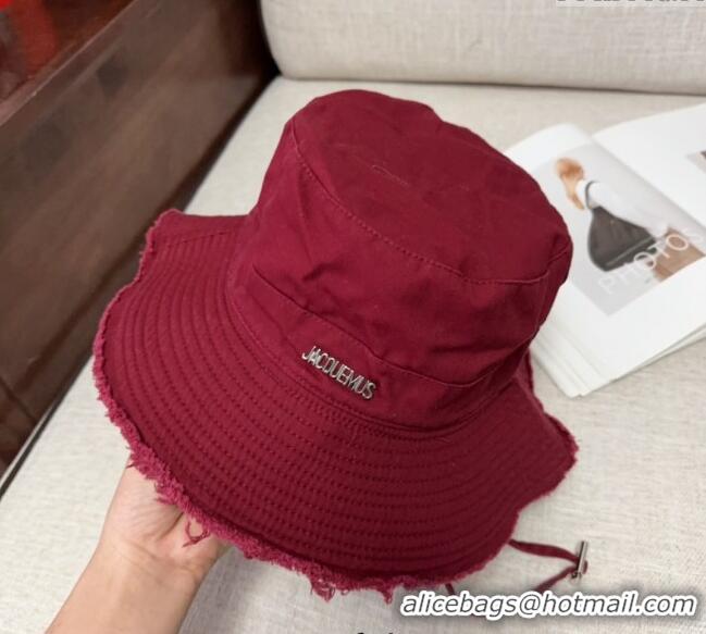 Low Price Jacquemus Canvas Bucket Hat with Fringe and Strap J3002 Dark Red 2025