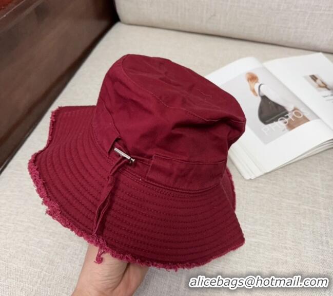 Low Price Jacquemus Canvas Bucket Hat with Fringe and Strap J3002 Dark Red 2025