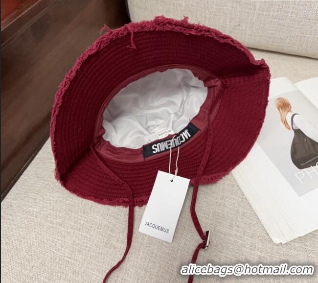 Low Price Jacquemus Canvas Bucket Hat with Fringe and Strap J3002 Dark Red 2025