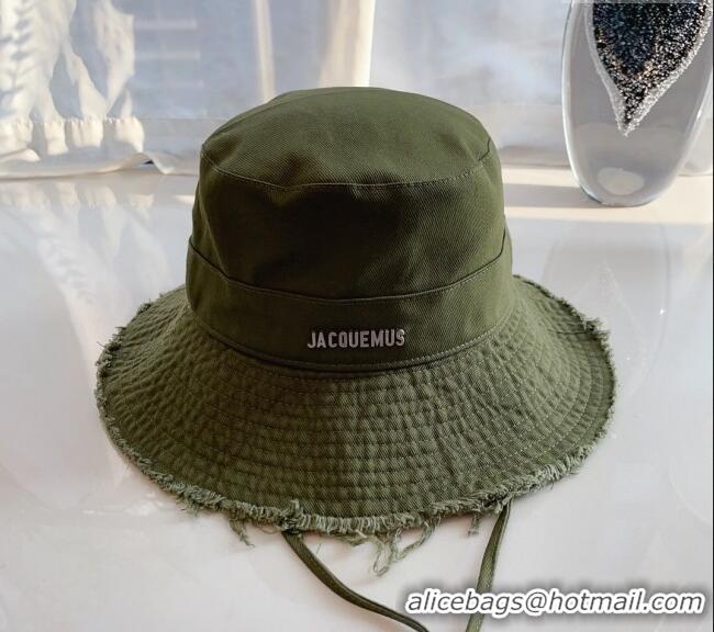 Best Price Jacquemus Canvas Bucket Hat with Fringe and Strap J3003 Green 2024