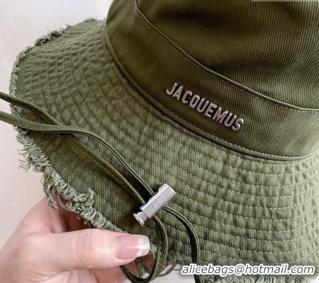 Best Price Jacquemus Canvas Bucket Hat with Fringe and Strap J3003 Green 2024