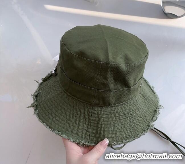 Best Price Jacquemus Canvas Bucket Hat with Fringe and Strap J3003 Green 2024