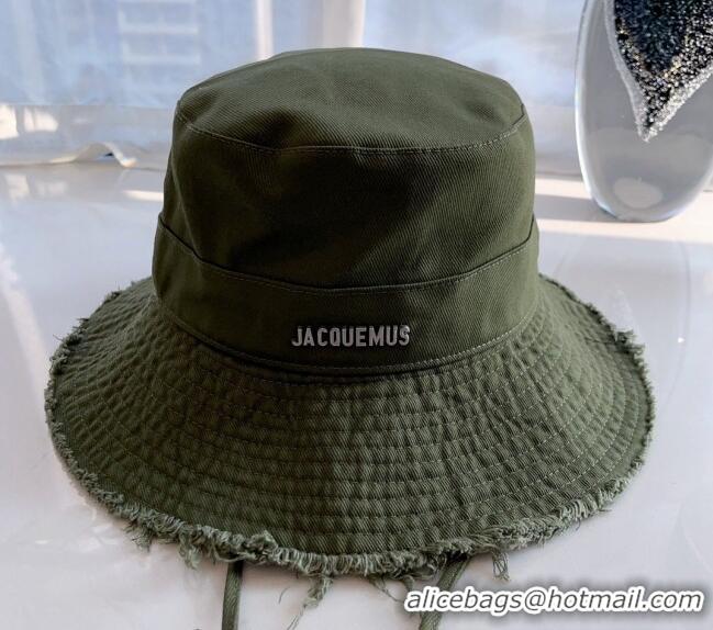 Best Price Jacquemus Canvas Bucket Hat with Fringe and Strap J3003 Green 2024